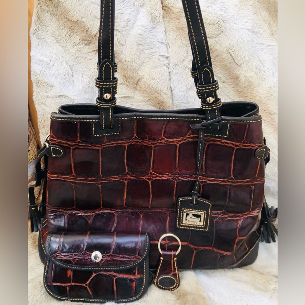 Dooney & Bourke Croco Embossed Leather Tassels Satchel Bag Black Brown 3 PC